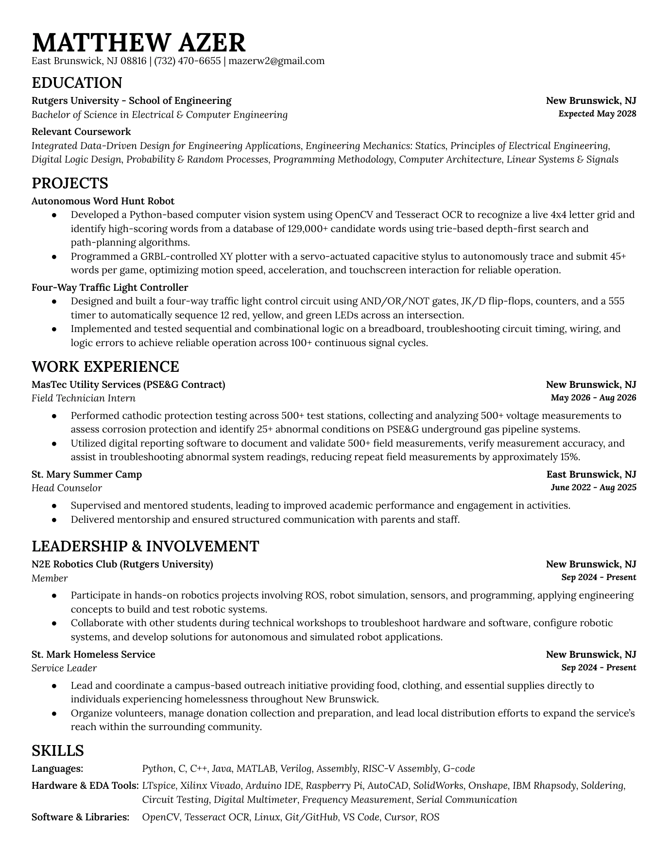 Full one-page preview of Matthew Azer’s resume